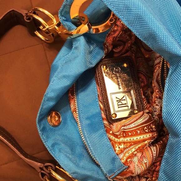 Blue shoulder bag, fabric and leather gold detail - Picture 3 of 4